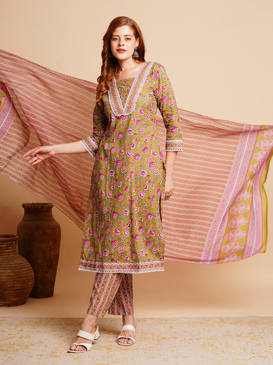 Floral Printed & Embroidered Straight Fit Kurta with Pant and Dupatta - Green