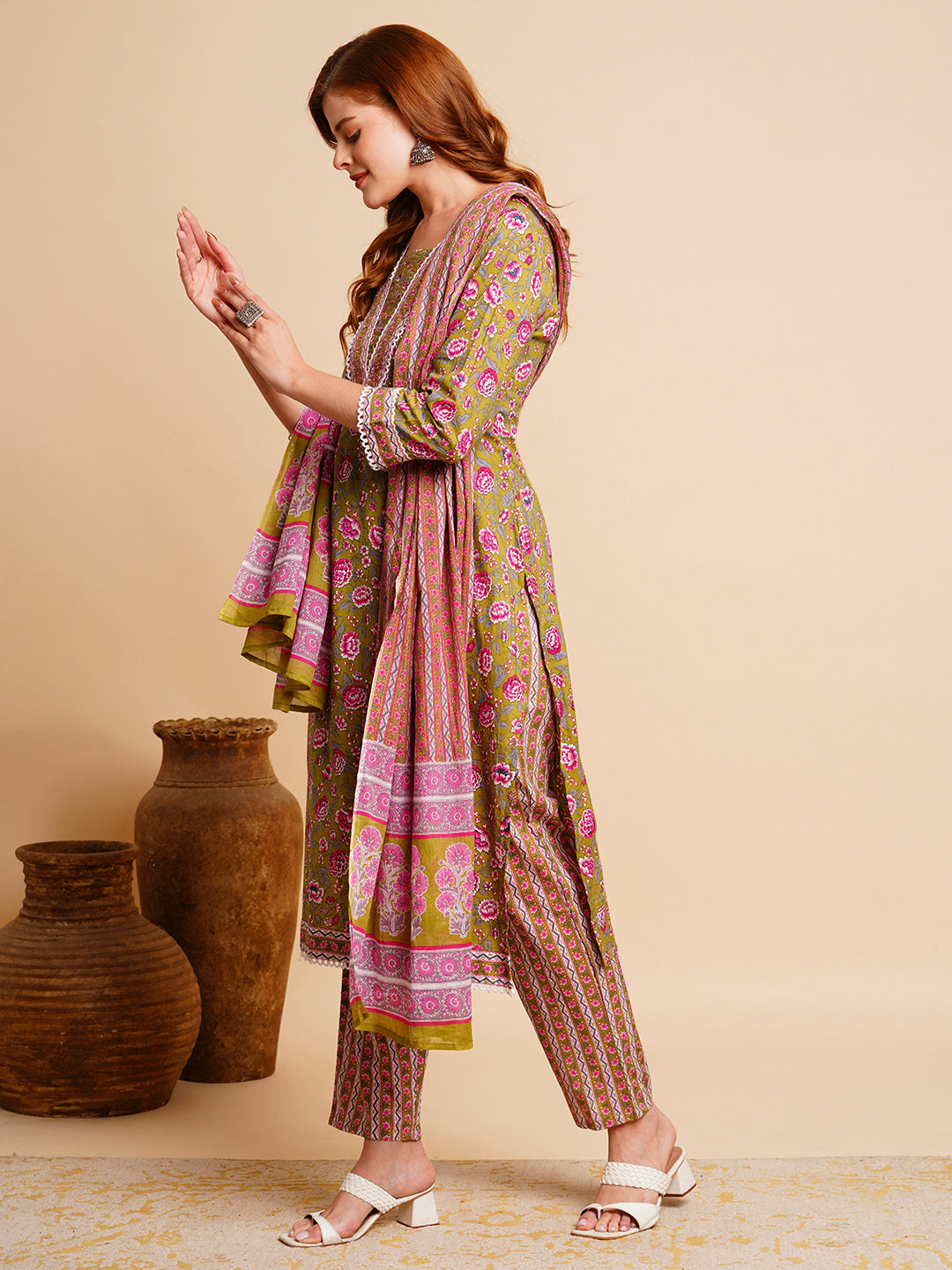 Floral Printed & Embroidered Straight Fit Kurta with Pant and Dupatta - Green