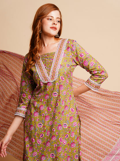 Floral Printed & Embroidered Straight Fit Kurta with Pant and Dupatta - Green