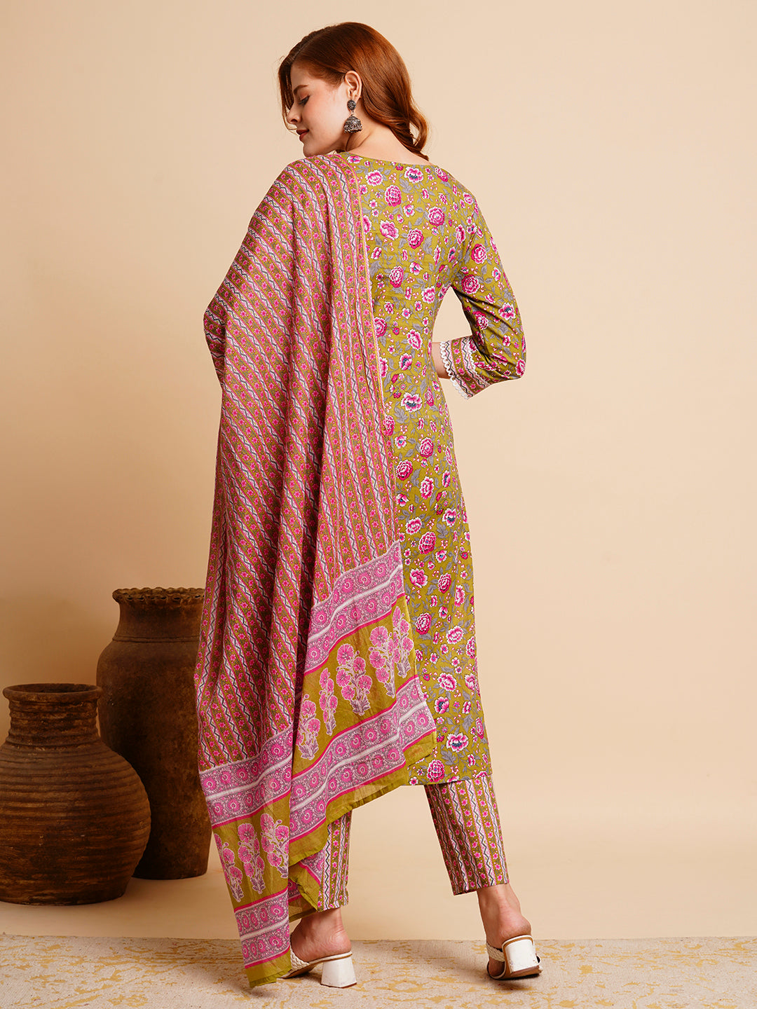 Floral Printed & Embroidered Straight Fit Kurta with Pant and Dupatta - Green