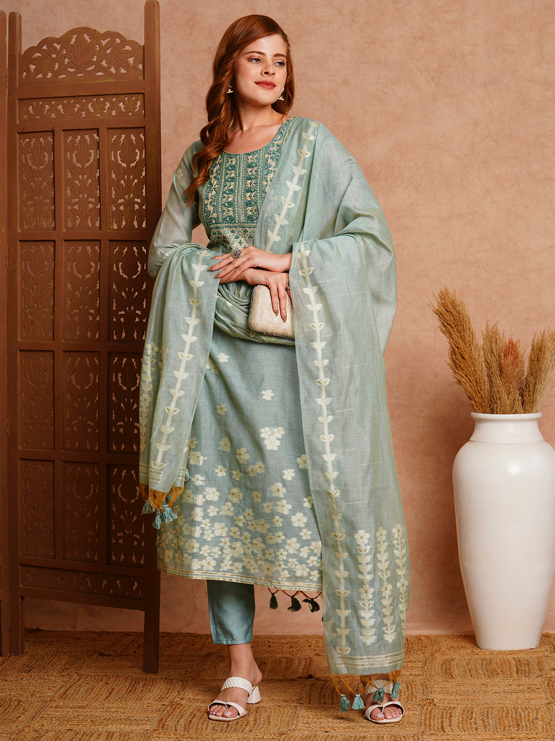 Floral Woven & Embroidered Straight Fit Kurta with Pant & Dupatta - Green