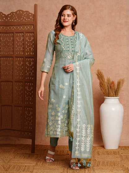 Floral Woven & Embroidered Straight Fit Kurta with Pant & Dupatta - Green