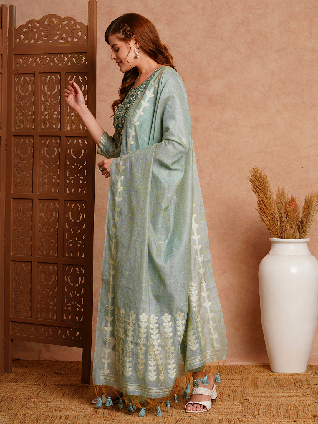 Floral Woven & Embroidered Straight Fit Kurta with Pant & Dupatta - Green