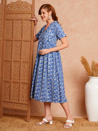 Quirky Fish Motif Printed A-Line Pleated Cotton Midi Dress - Blue