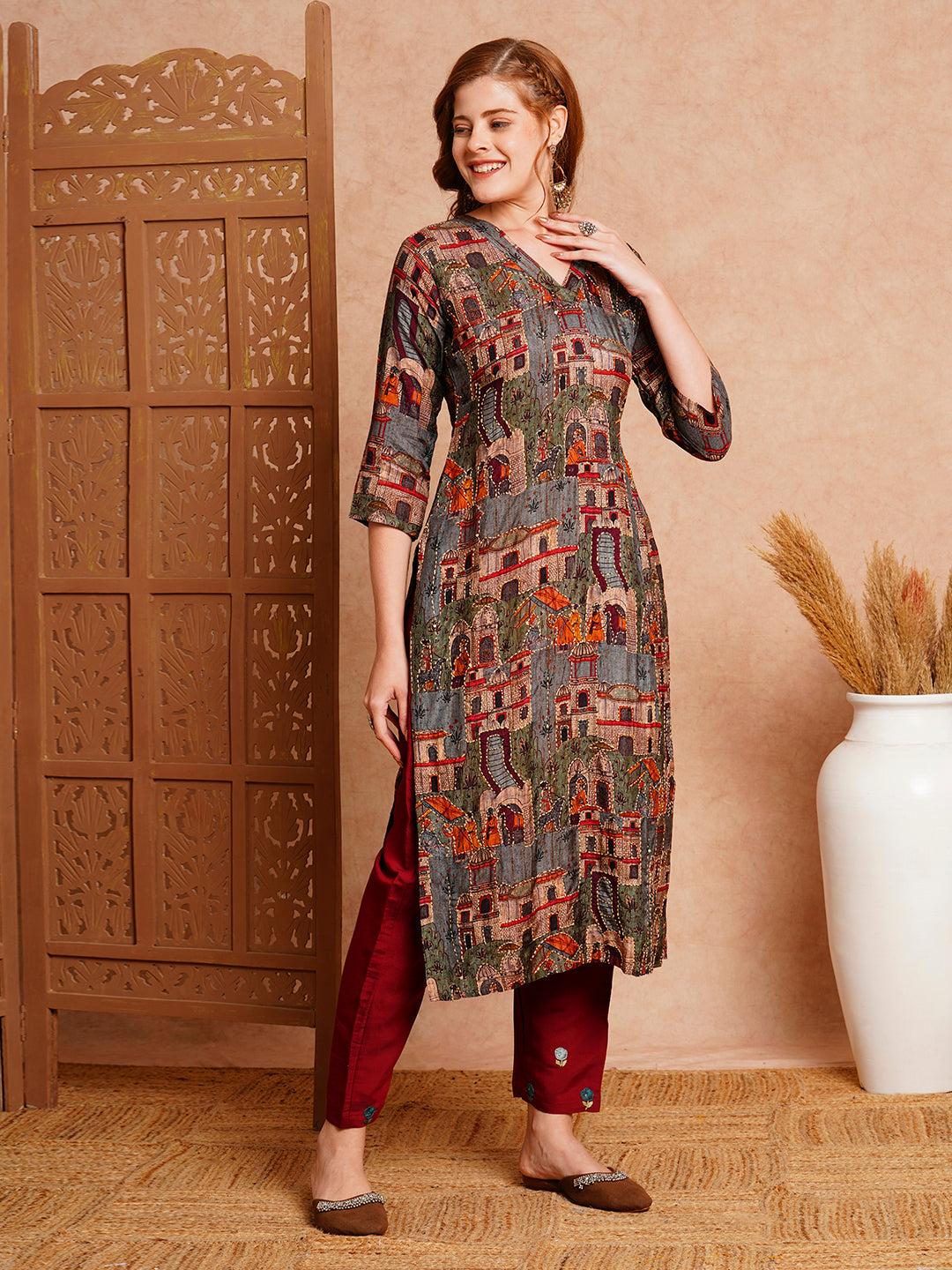 Ethnic Printed & Kantha Hand Embroidered Straight Fit Kurta - Grey