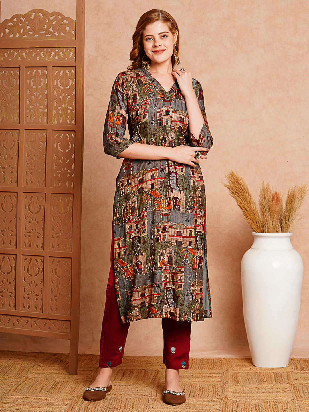 Ethnic Printed & Kantha Hand Embroidered Straight Fit Kurta - Grey