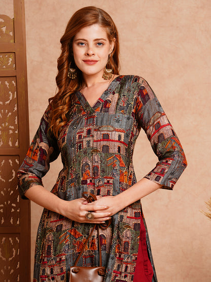 Ethnic Printed & Kantha Hand Embroidered Straight Fit Kurta - Grey