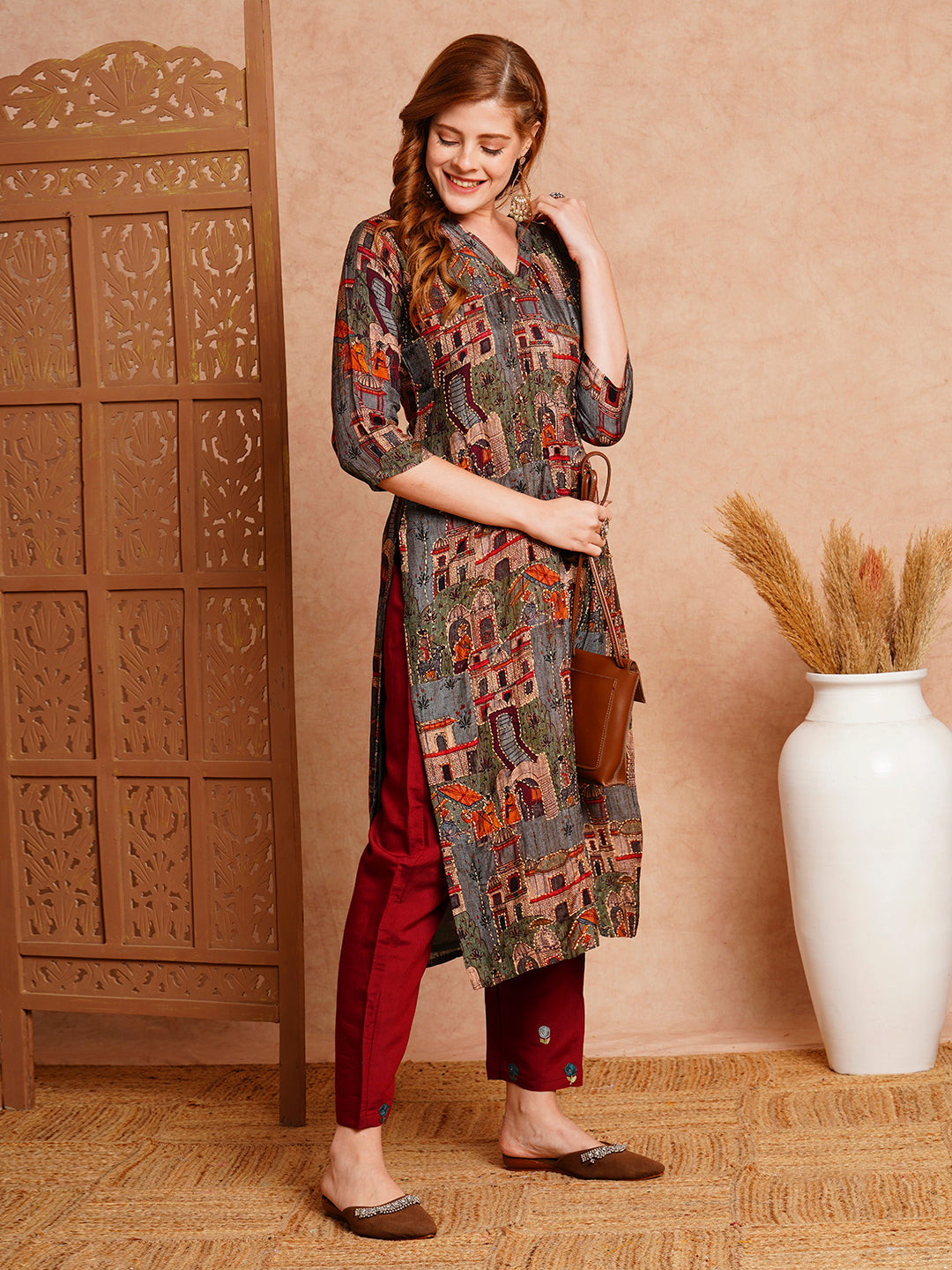 Ethnic Printed & Kantha Hand Embroidered Straight Fit Kurta - Grey