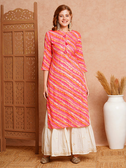 Ethnic Stripes Printed Straight Fit Kurta - Pink