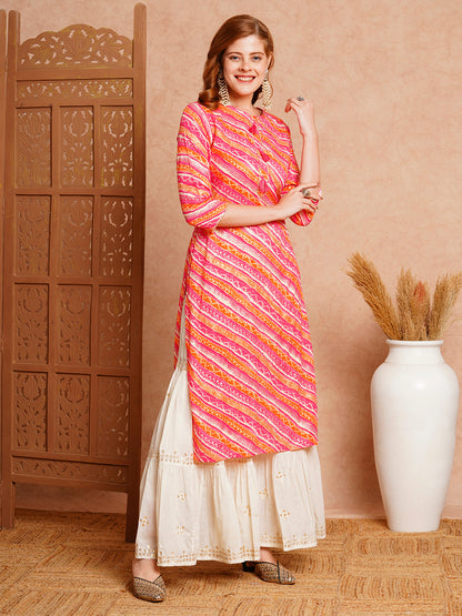 Ethnic Stripes Printed Straight Fit Kurta - Pink