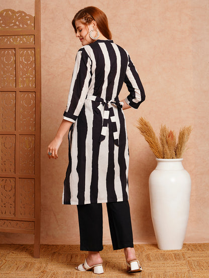 Solid Black & White Striped Straight Kurta with Pant - Black