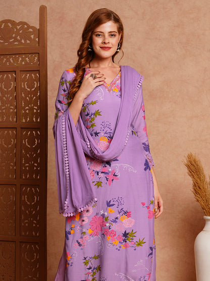Floral Printed & Hand Embroidered Straight Kurta with Pant & Dupatta - Purple