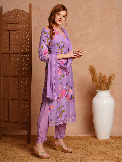Floral Printed & Hand Embroidered Straight Kurta with Pant & Dupatta - Purple