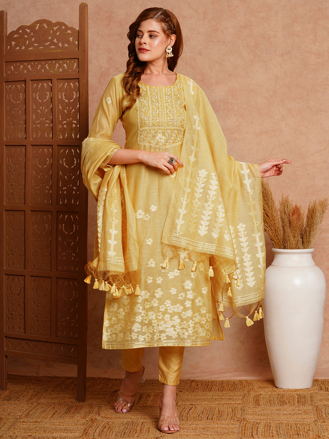 Floral Woven & Embroidered Straight Fit Kurta with Pant & Dupatta - Yellow