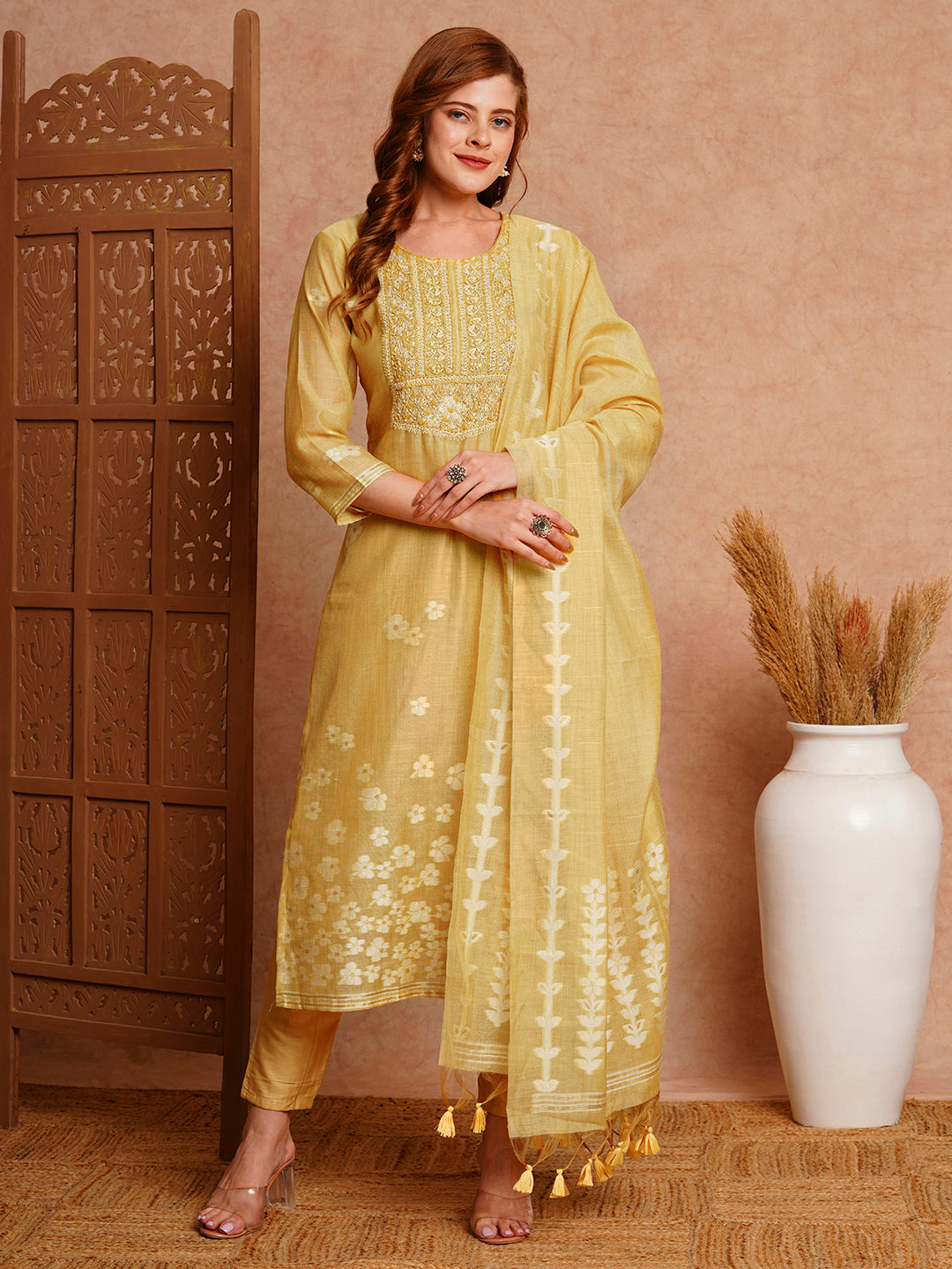 Floral Woven & Embroidered Straight Fit Kurta with Pant & Dupatta - Yellow