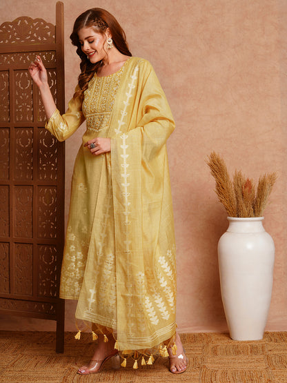 Floral Woven & Embroidered Straight Fit Kurta with Pant & Dupatta - Yellow