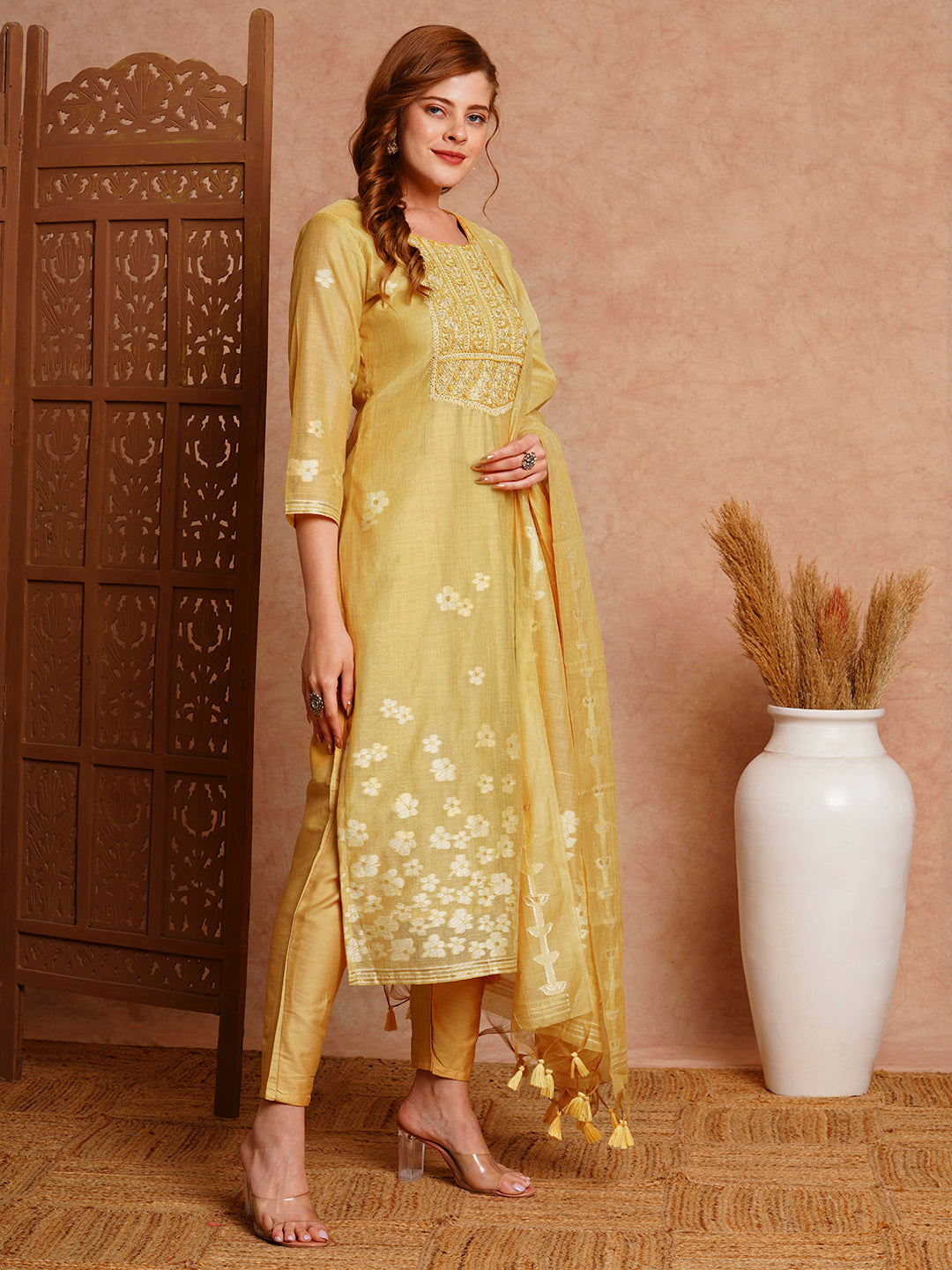 Floral Woven & Embroidered Straight Fit Kurta with Pant & Dupatta - Yellow