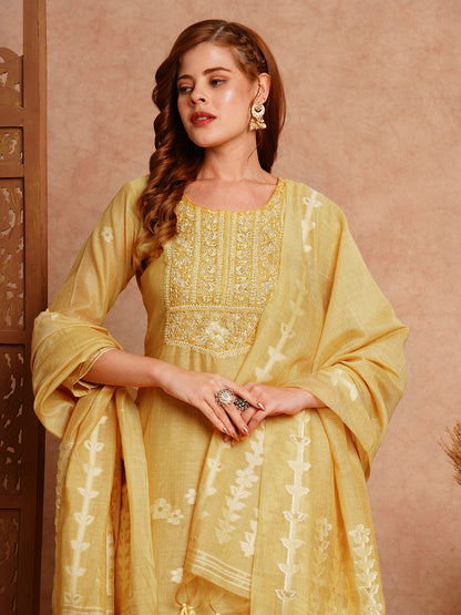 Floral Woven & Embroidered Straight Fit Kurta with Pant & Dupatta - Yellow