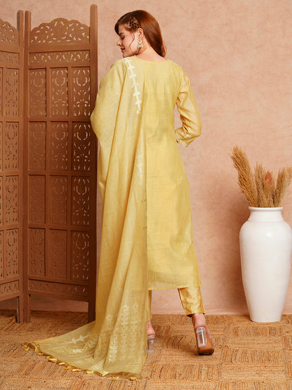 Floral Woven & Embroidered Straight Fit Kurta with Pant & Dupatta - Yellow