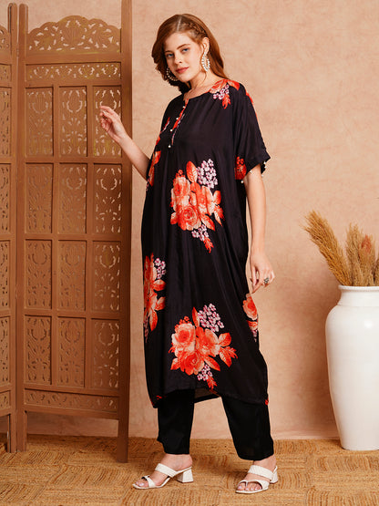 Abstract Printed & Hand Embroidered Kaftan Kurta with Pant - Black