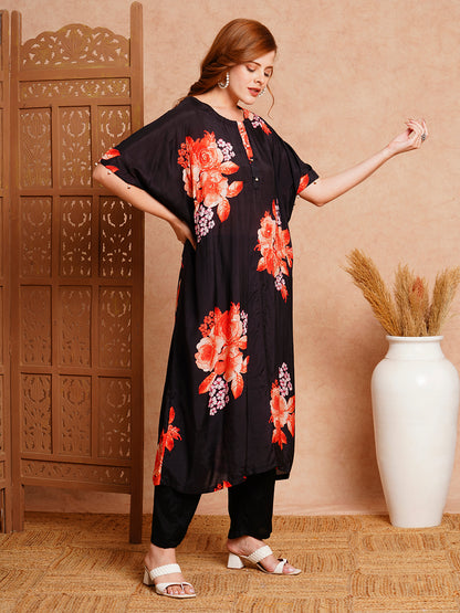 Abstract Printed & Hand Embroidered Kaftan Kurta with Pant - Black