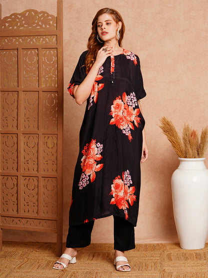 Abstract Printed & Hand Embroidered Kaftan Kurta with Pant - Black