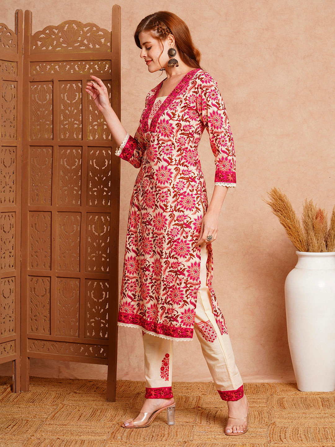 Floral Printed & Embroidered Straight Fit Kurta with Pant - Cream