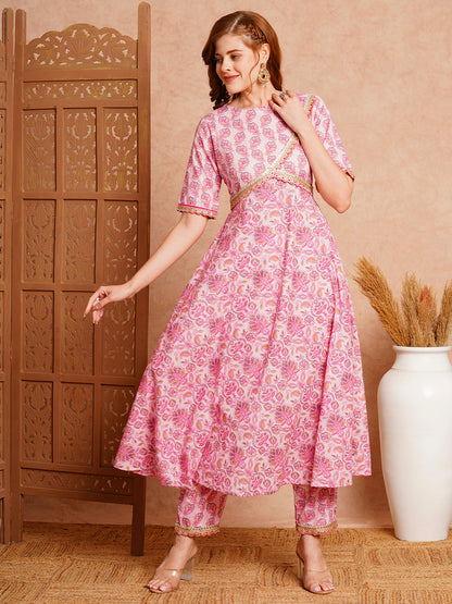 Ethnic Floral Printed & Zari Embroidered Over laped A-Line Flared Kurta with Pant - Pink