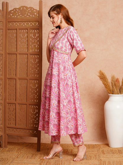 Ethnic Floral Printed & Zari Embroidered Over laped A-Line Flared Kurta with Pant - Pink