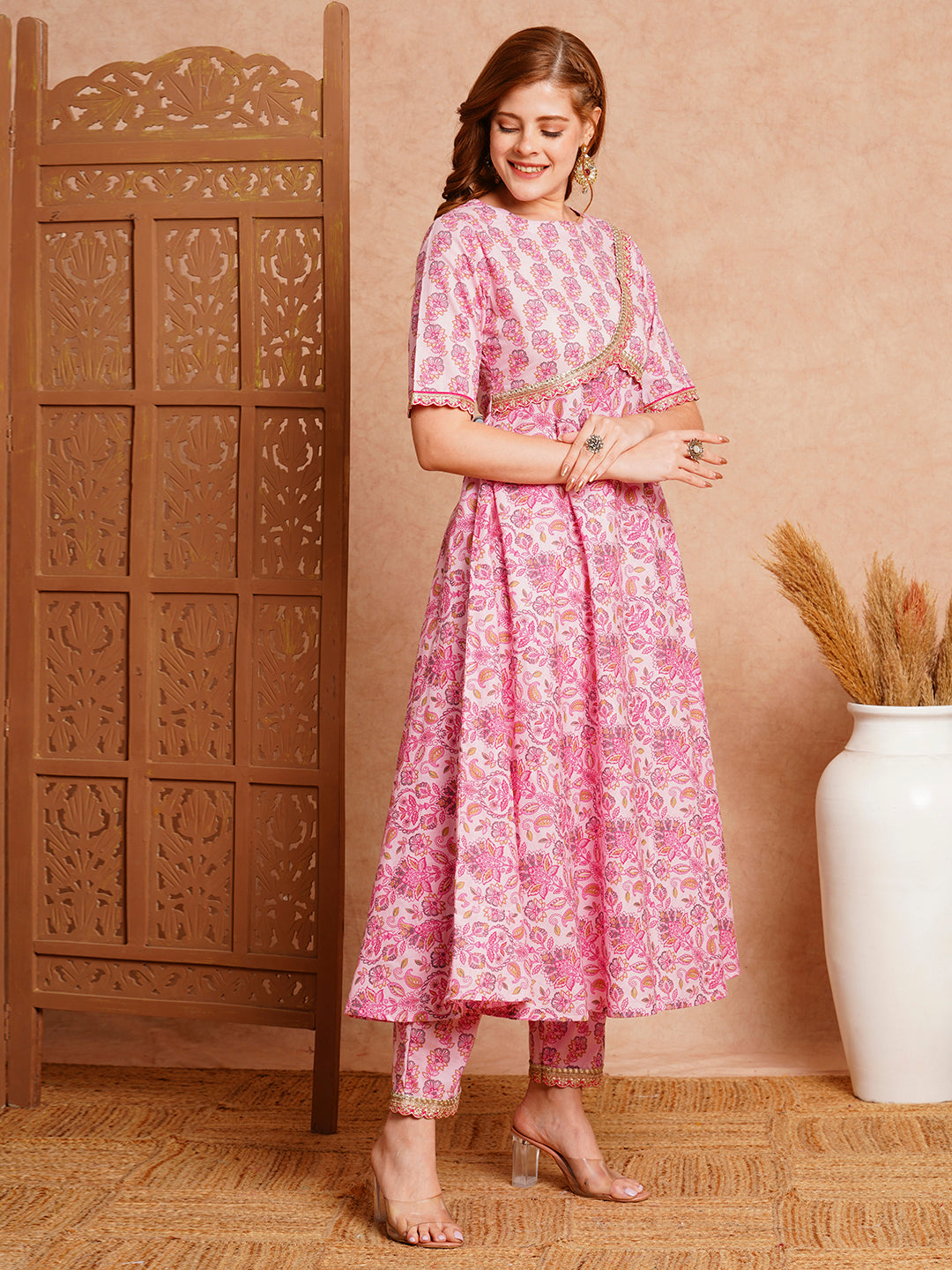 Ethnic Floral Printed & Zari Embroidered Over laped A-Line Flared Kurta with Pant - Pink