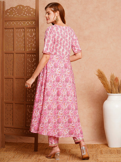 Ethnic Floral Printed & Zari Embroidered Over laped A-Line Flared Kurta with Pant - Pink