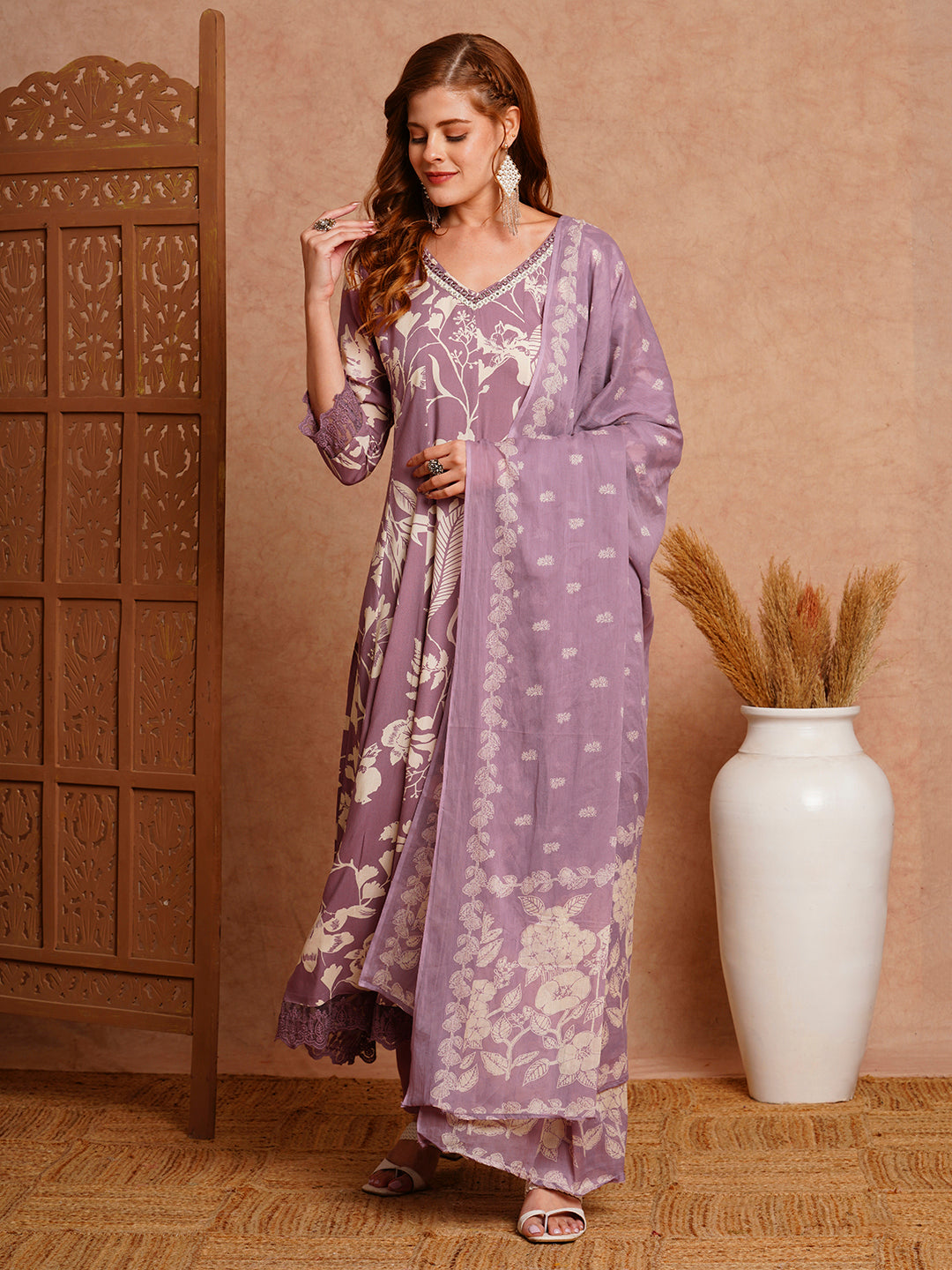 Abstract Printed & Embroidered Anarkali with Pant & Dupatta - Lavender