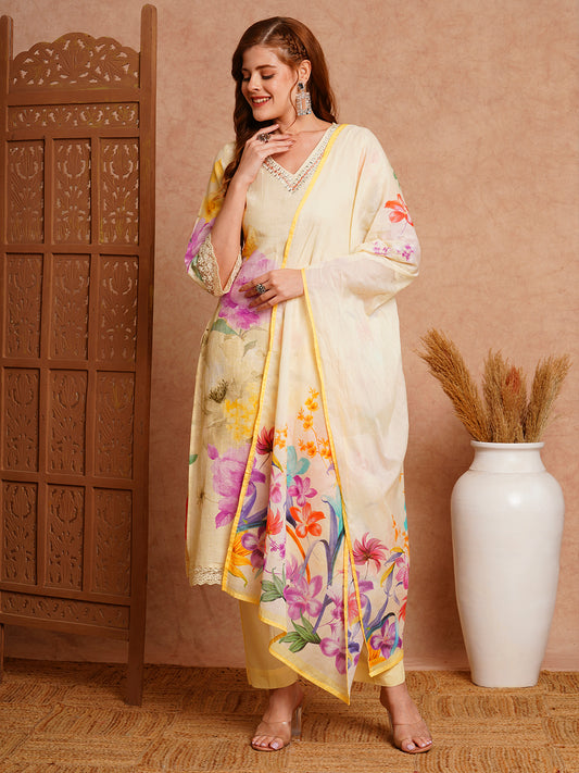 Abstract Floral Printed & Embroidered Straight Kurta with Pant & Dupatta - Cream