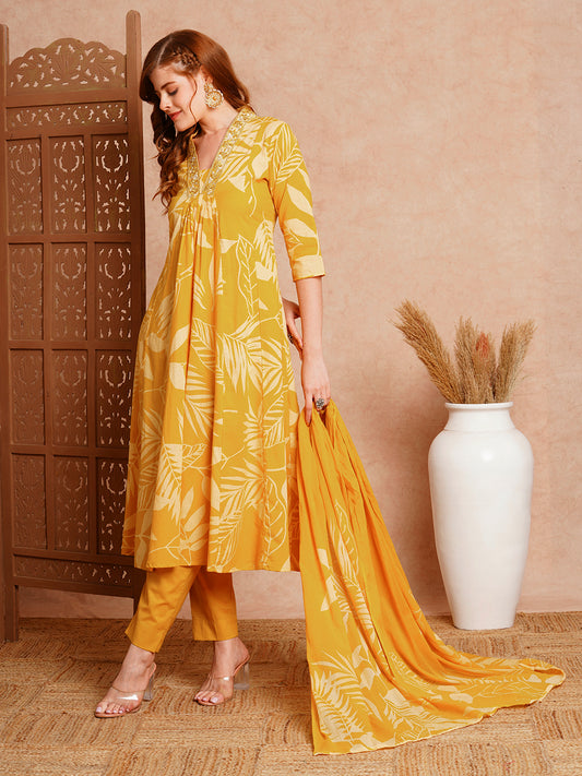 Floral Printed & Embroidered A-Line Paneled Kurta with Pant & Dupatta -Mustard