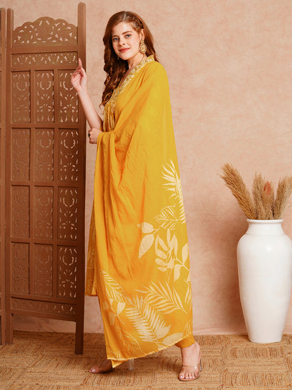 Floral Printed & Embroidered A-Line Paneled Kurta with Pant & Dupatta -Mustard