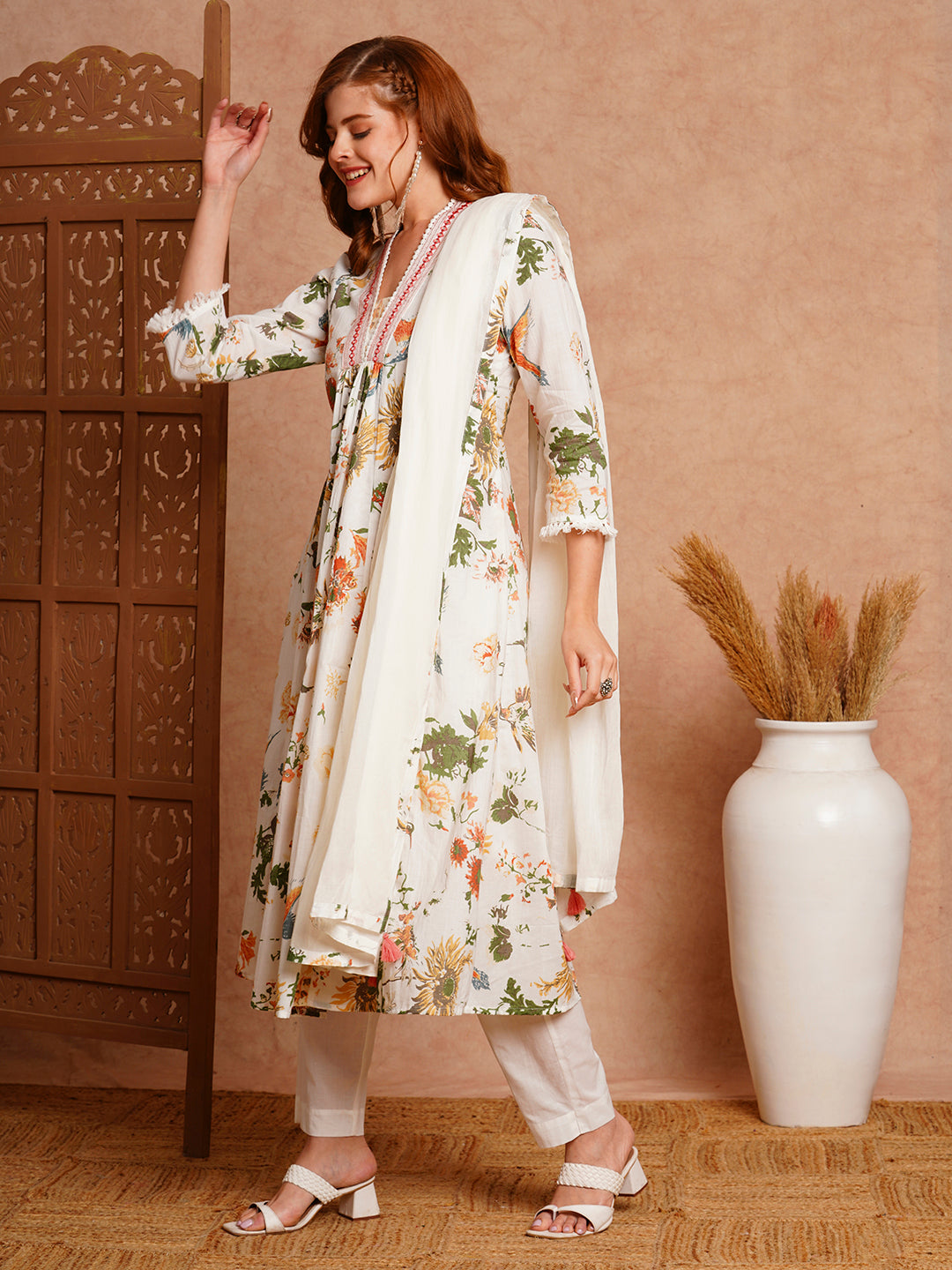 Abstract Floral Printed & Embroidered A-Line Pleated Kurta with Pant and Dupatta - White