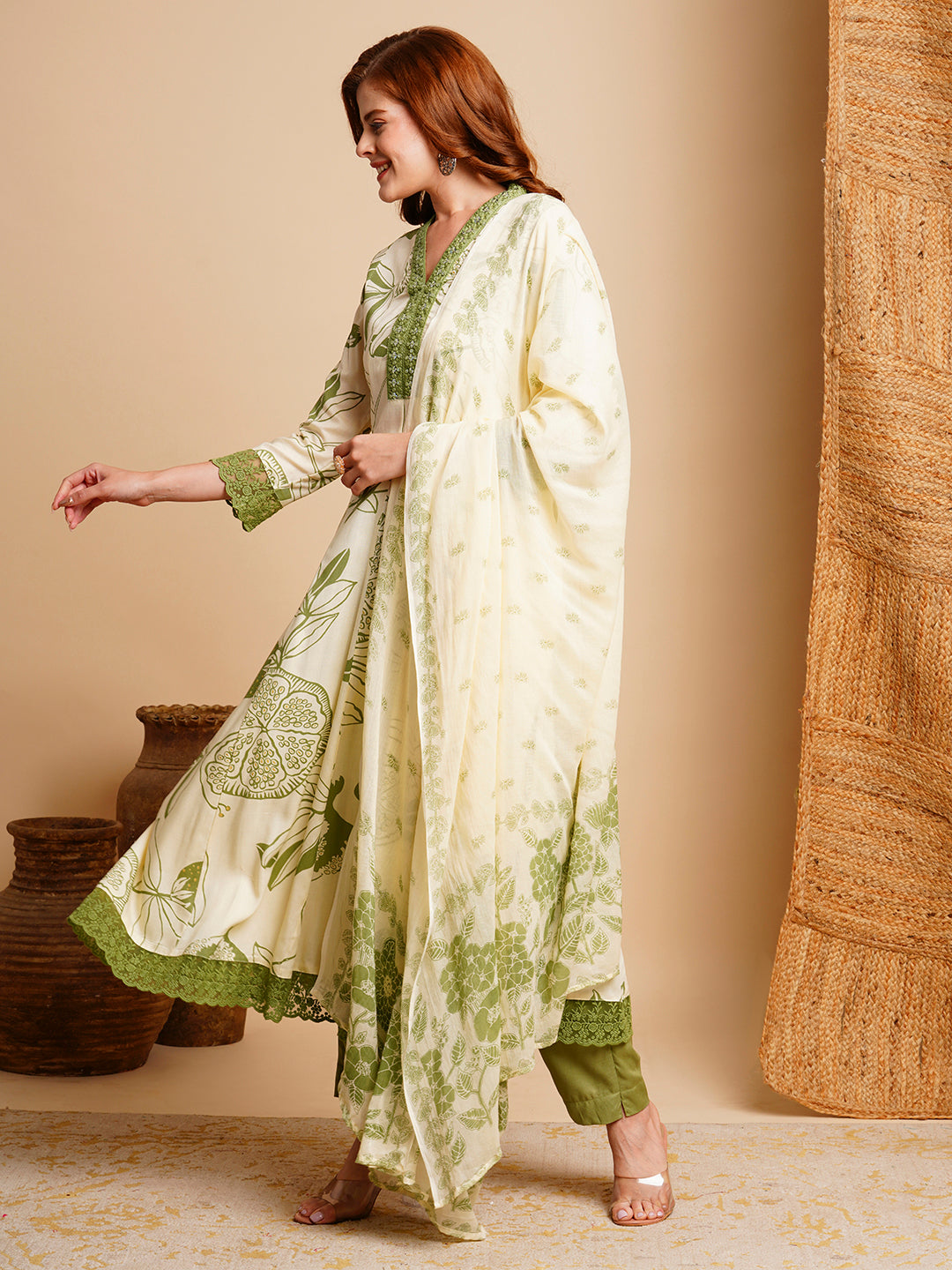 Floral Printed & Embroidered Anarkali Kurta with Pant & Dupatta - Off White
