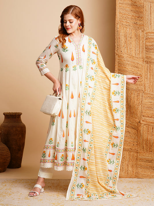 Floral Block Printed & Embroidered Anarkali Kurta with Pant & Dupatta - Off White