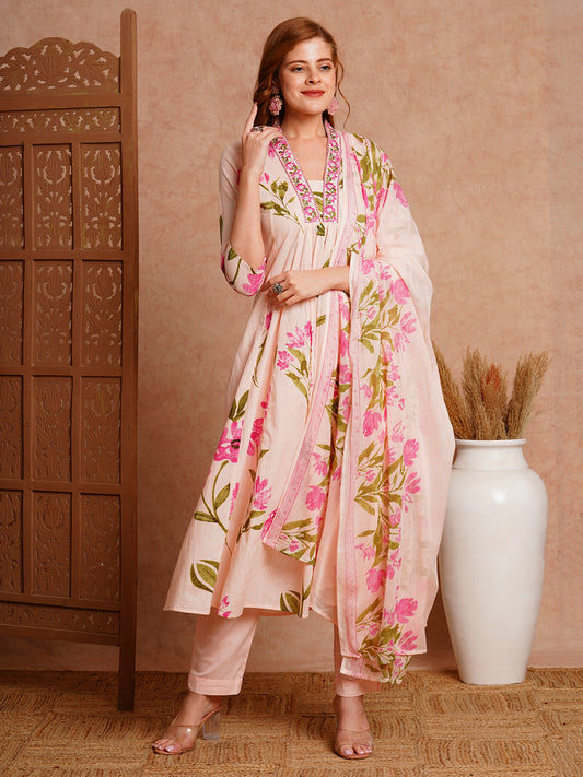 Floral Printed & Embroidered A-Line Paneled Kurta with Pant and Dupatta - Peach