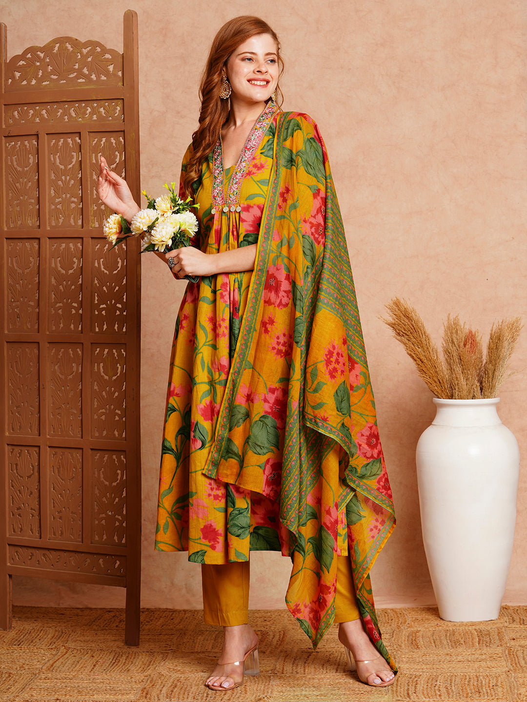 Floral Printed & Embroidered A-Line Paneled Kurta with Pant & Dupatta -Mustard