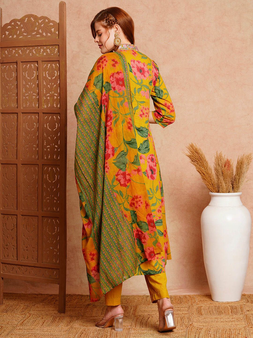 Floral Printed & Embroidered A-Line Paneled Kurta with Pant & Dupatta -Mustard