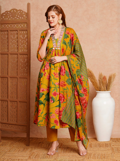 Floral Printed & Embroidered A-Line Paneled Kurta with Pant & Dupatta -Mustard