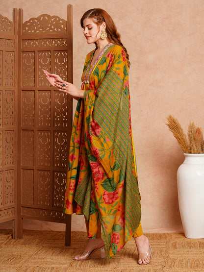 Floral Printed & Embroidered A-Line Paneled Kurta with Pant & Dupatta -Mustard