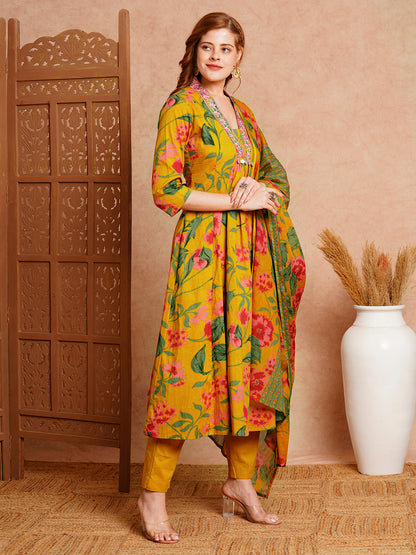 Floral Printed & Embroidered A-Line Paneled Kurta with Pant & Dupatta -Mustard