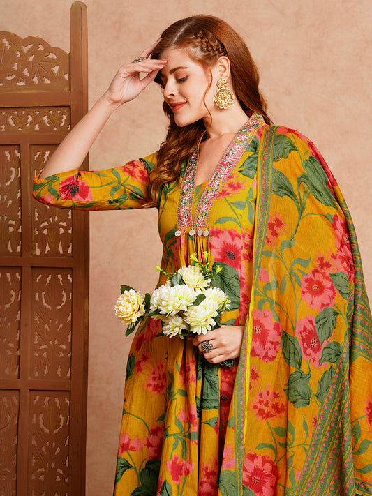 Floral Printed & Embroidered A-Line Paneled Kurta with Pant & Dupatta -Mustard
