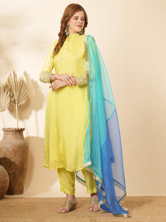 Solid Zari & Mirror Embroidered Straight Fit Kurta with Pant and Color block Dupatta - Yellow