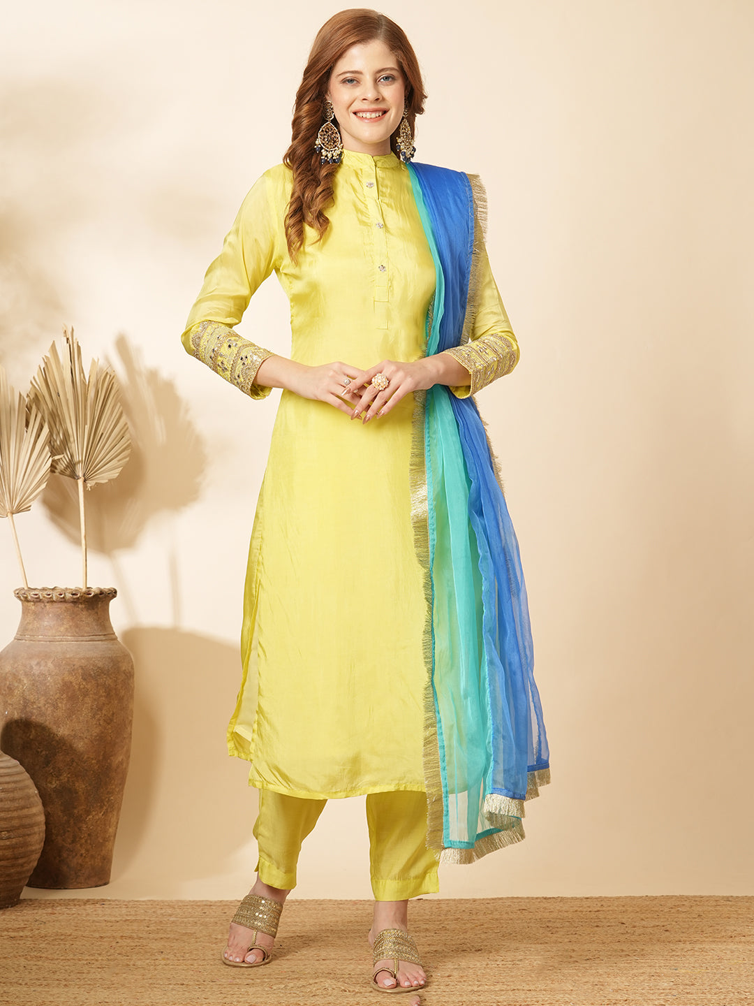 Solid Zari & Mirror Embroidered Straight Fit Kurta with Pant and Color block Dupatta - Yellow