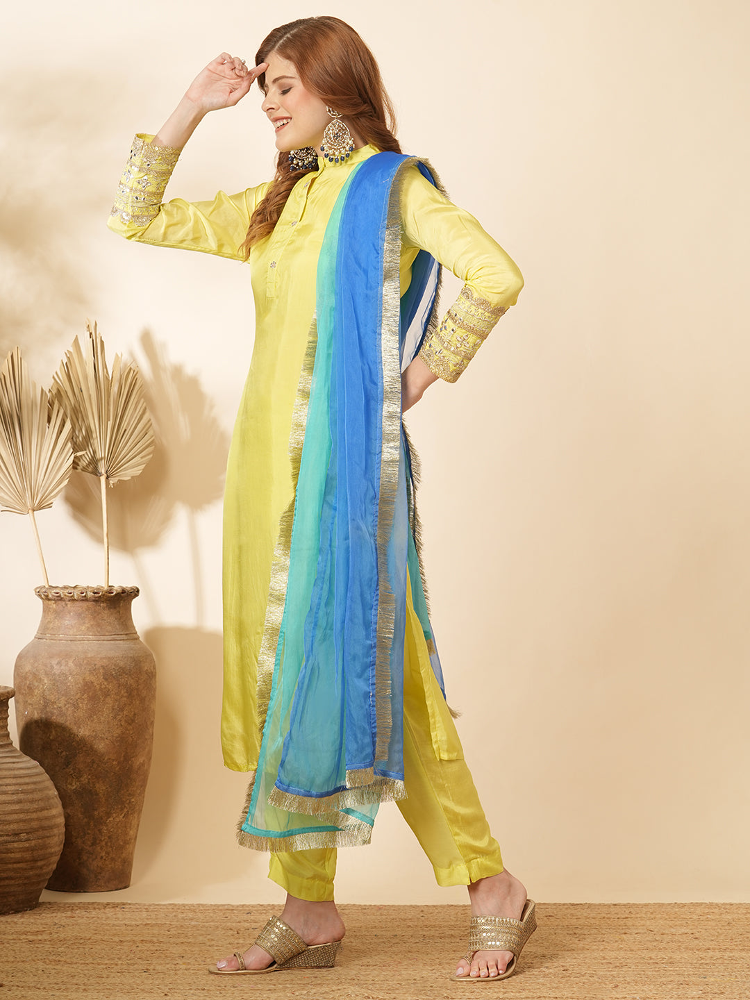 Solid Zari & Mirror Embroidered Straight Fit Kurta with Pant and Color block Dupatta - Yellow