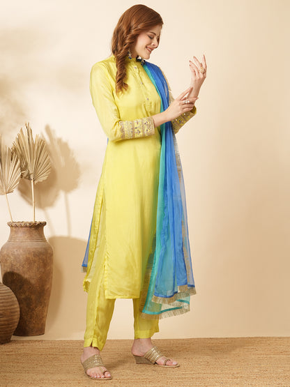 Solid Zari & Mirror Embroidered Straight Fit Kurta with Pant and Color block Dupatta - Yellow