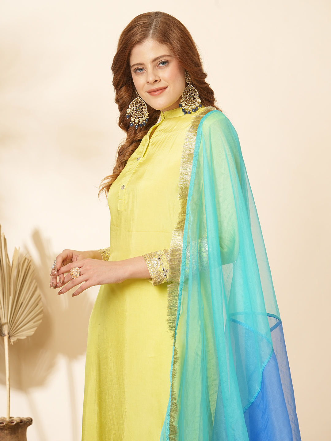 Solid Zari & Mirror Embroidered Straight Fit Kurta with Pant and Color block Dupatta - Yellow